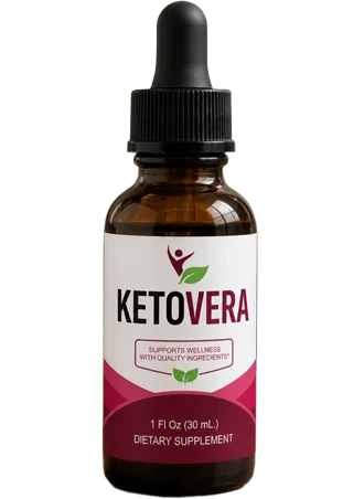 Ketovera Keto Wellness Drops &mdash; amber glass 30mL dropper bottle with white label showing KetoVera brand name in black and crimson, Supports Wellness With Quality Ingredients, 1 Fl Oz 30mL dietary supplement, person with arms raised wellness icon with green leaf
