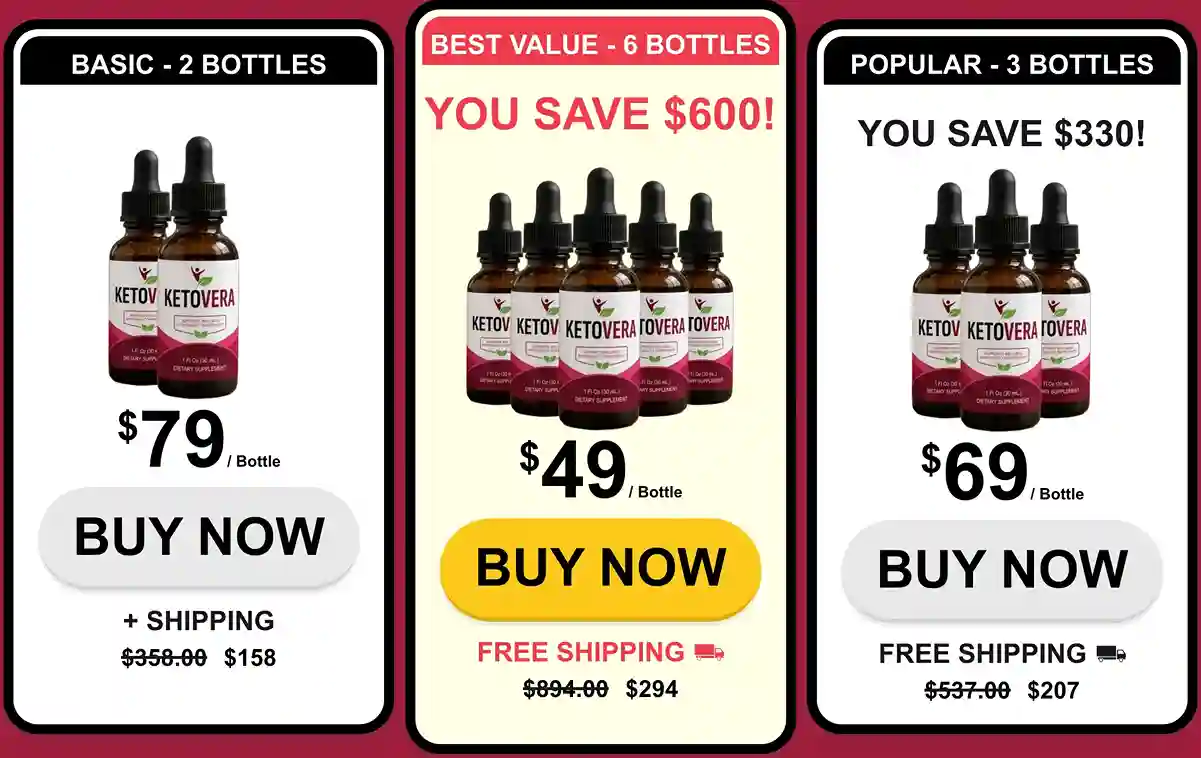 Ketovera pricing options &mdash; 2 bottles $79, 3 bottles $69 free shipping, 6 bottles $49 best value free shipping with 60-day money-back guarantee